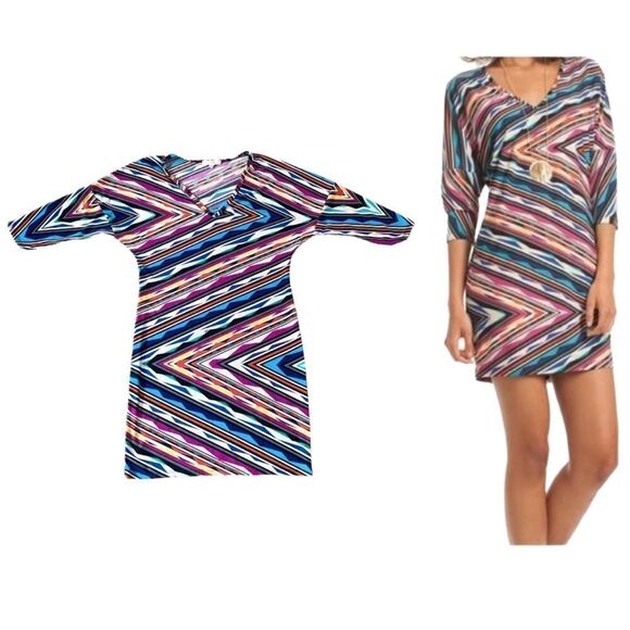 Trina Turk Dominica 2 Multicolored Striped 3/4 Length Sleeve Mini Dress Size XS - Picture 1 of 16